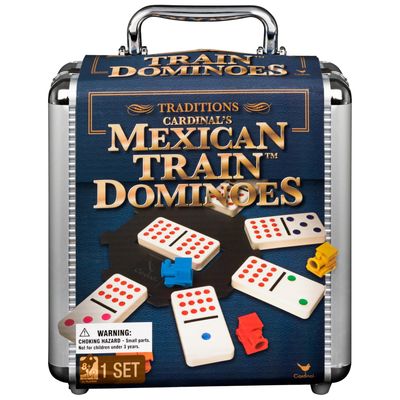 Spin Master Games, Mexican Train Dominoes Set in Aluminum Carry Case, Includes Colorful Trains for Fun-Filled Family Game Night, for Kids & Family, 2-8 Players, for Ages 8 & Up